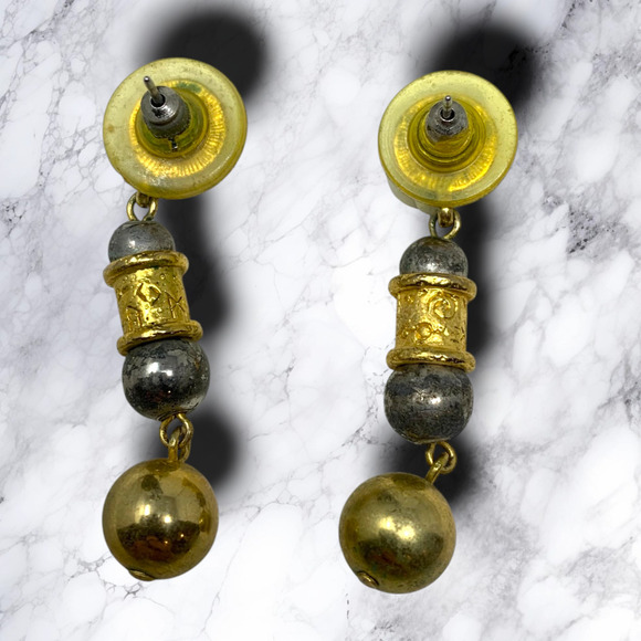 Vintage 1980's Modernist Moroccan Mixed Metal Pierced Dangle Earrings Runway - Picture 2 of 5